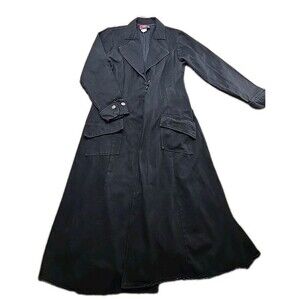 Vintage 90s Red Balls On Fire Trench Coat Black Denim Button Up Sz M Made in USA